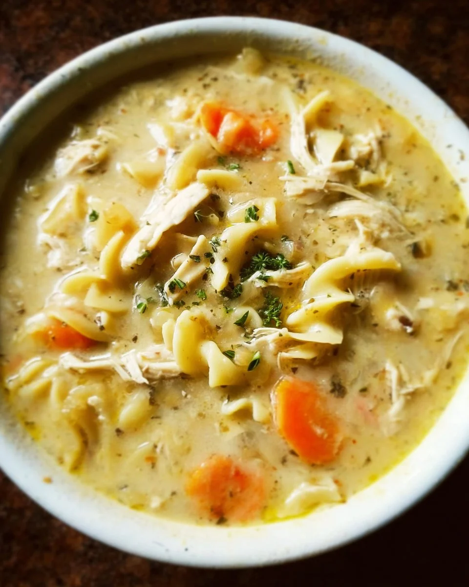 Bowl of homemade chicken noodle soup with vegetables and herbs