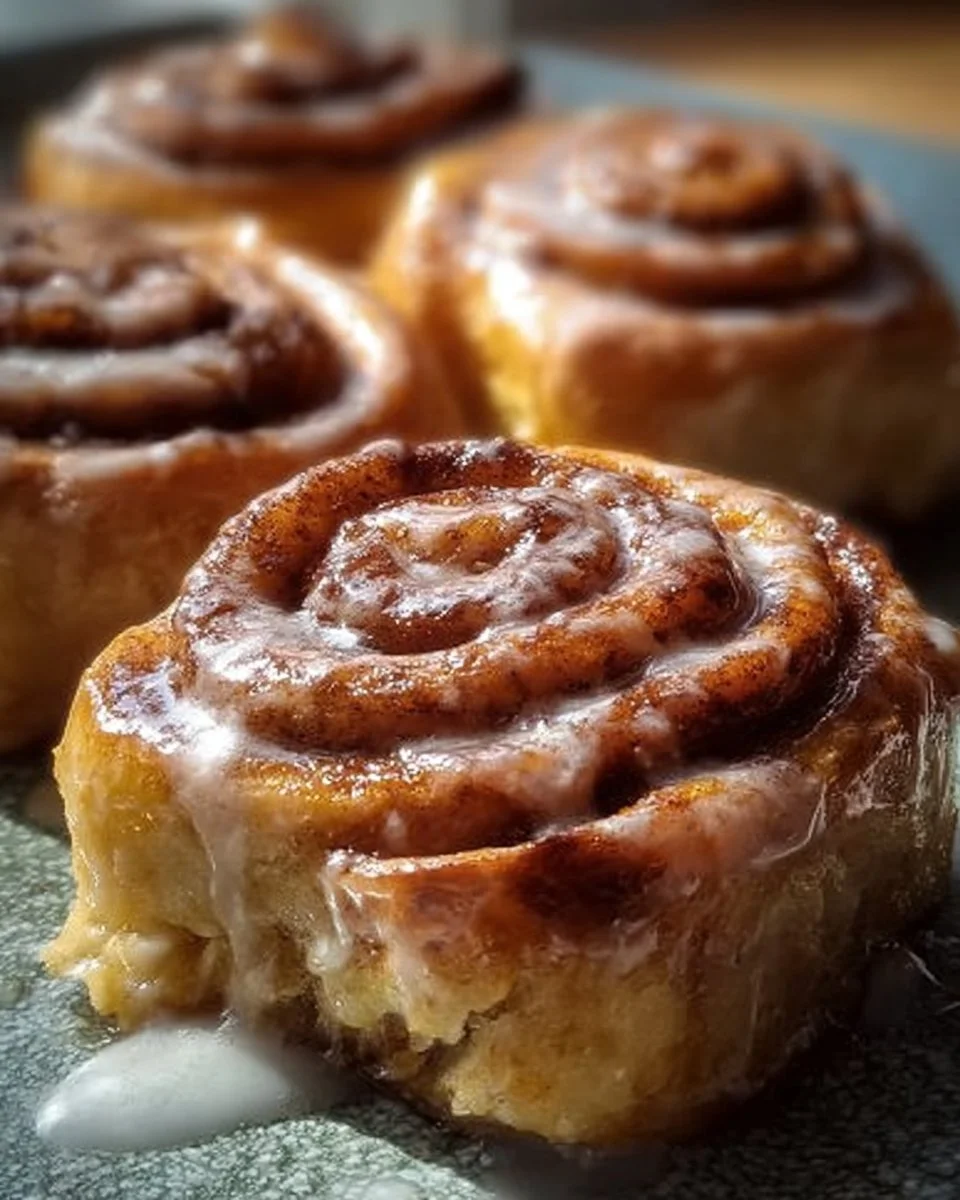 Freshly baked homemade cinnamon buns topped with icing on a serving platter