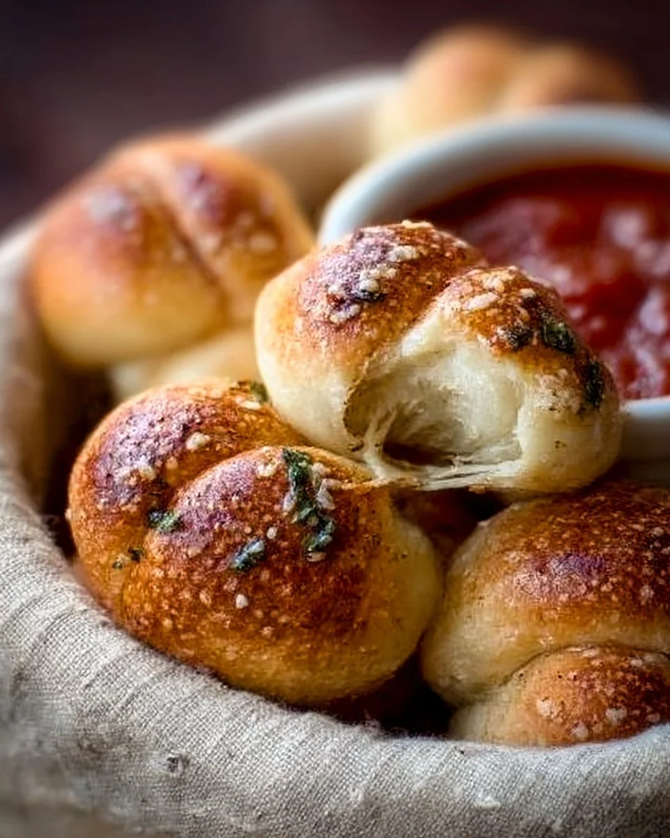 Plate of homemade garlic knots with herbs and melted butter