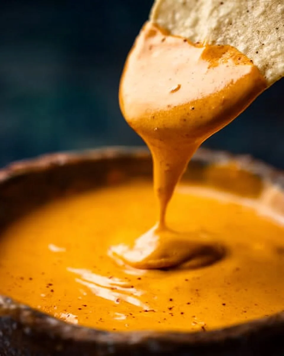 Bowl of homemade spicy nacho cheese sauce with tortilla chips