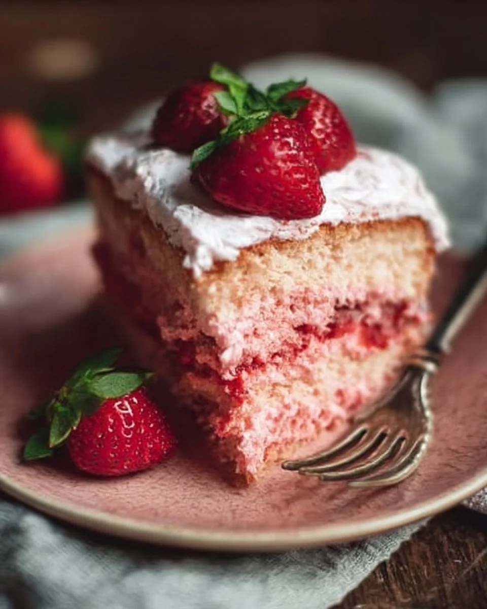Delicious homemade strawberry cake with fresh strawberries and whipped cream frosting.