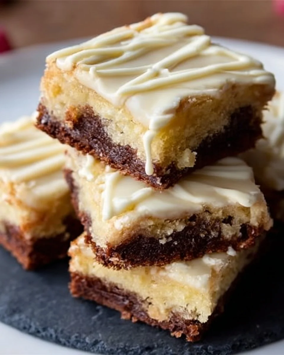Delicious homemade white chocolate brownies on a wooden table