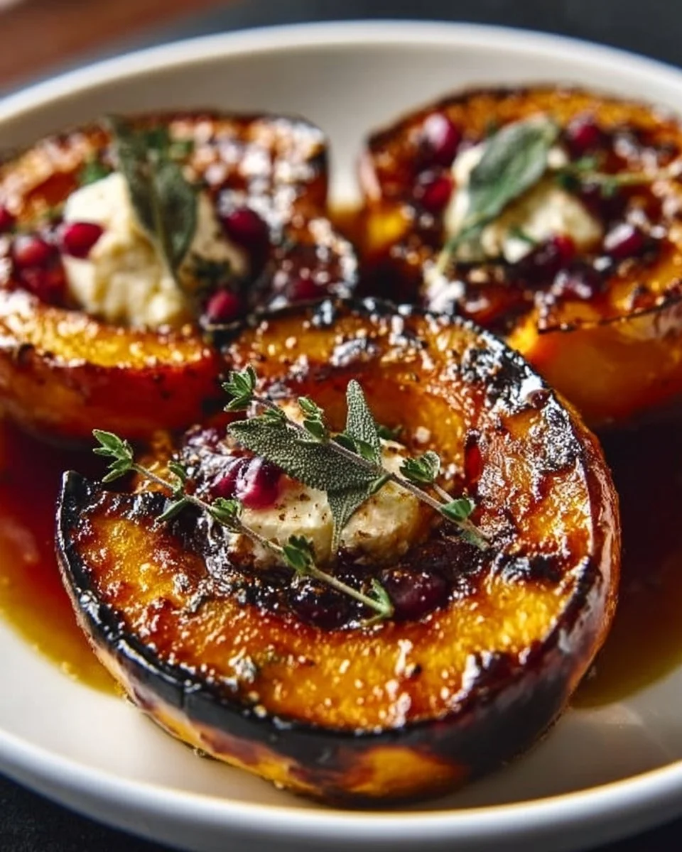 Honey glazed acorn squash topped with goat cheese on a rustic table