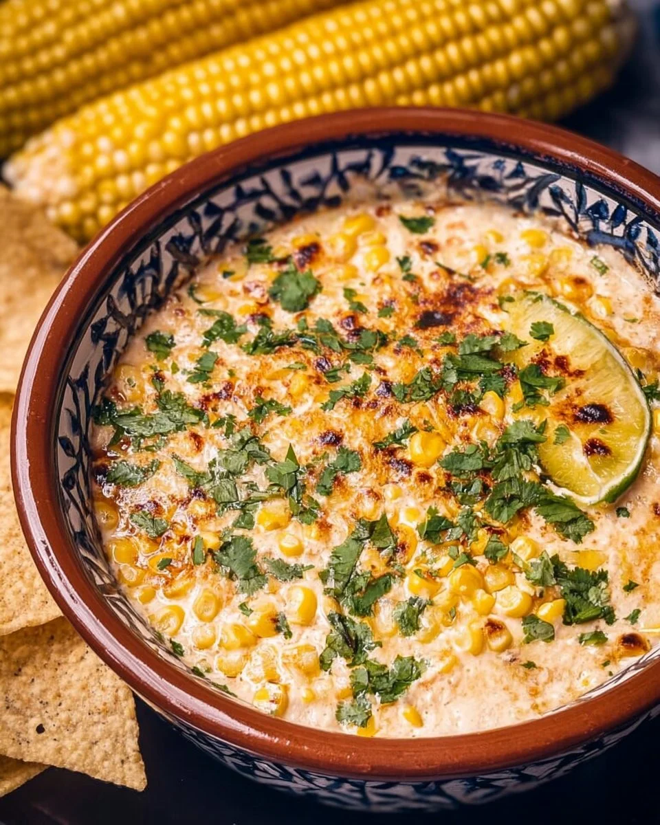 Delicious hot Mexican street corn dip served in a bowl