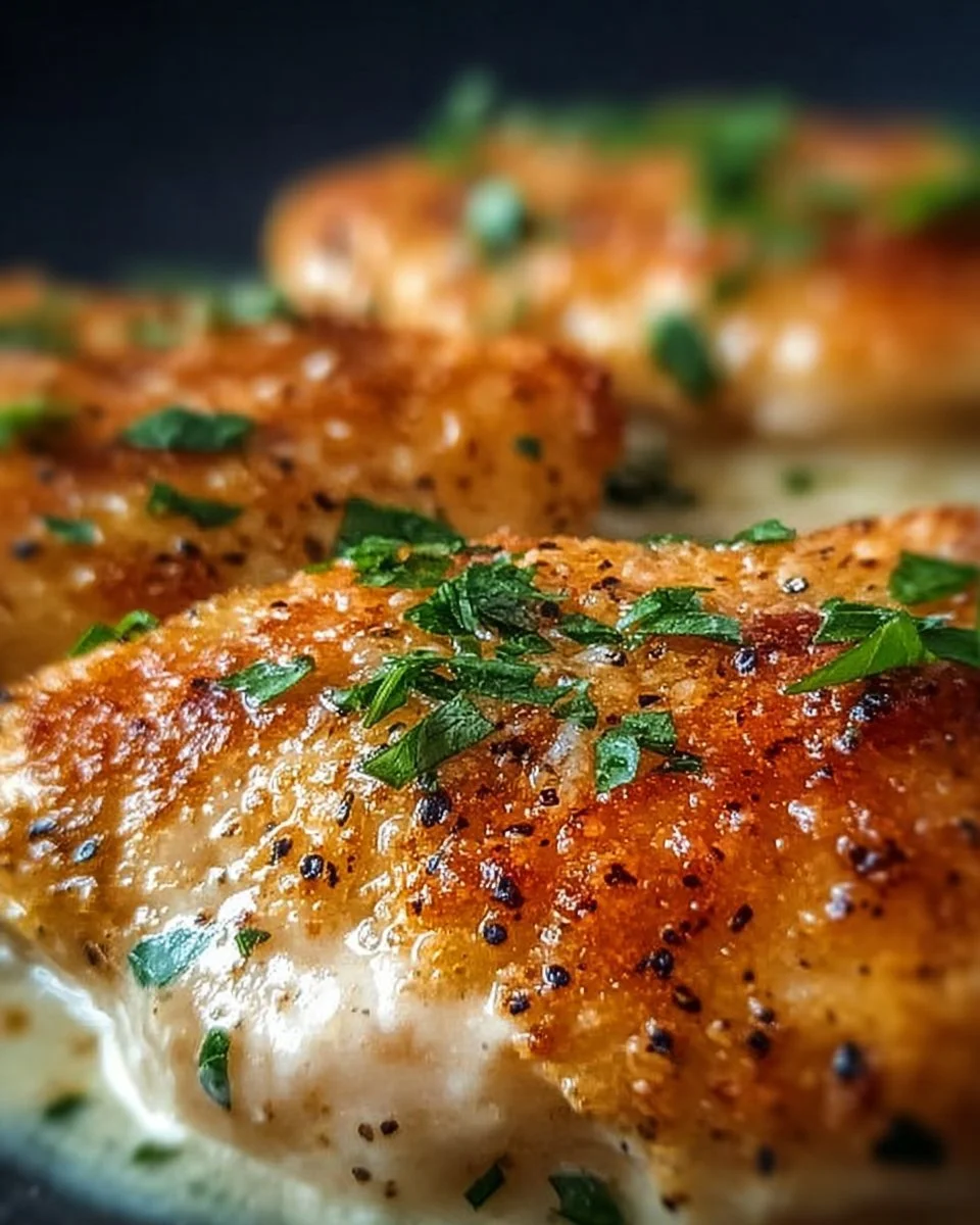 Impossibly crispy garlic parmesan chicken on a platter garnished with herbs.