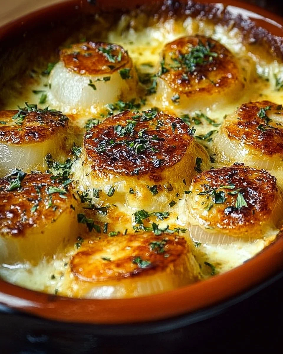 Irresistible baked onions with creamy Asiago cheese topping, a delicious side dish.