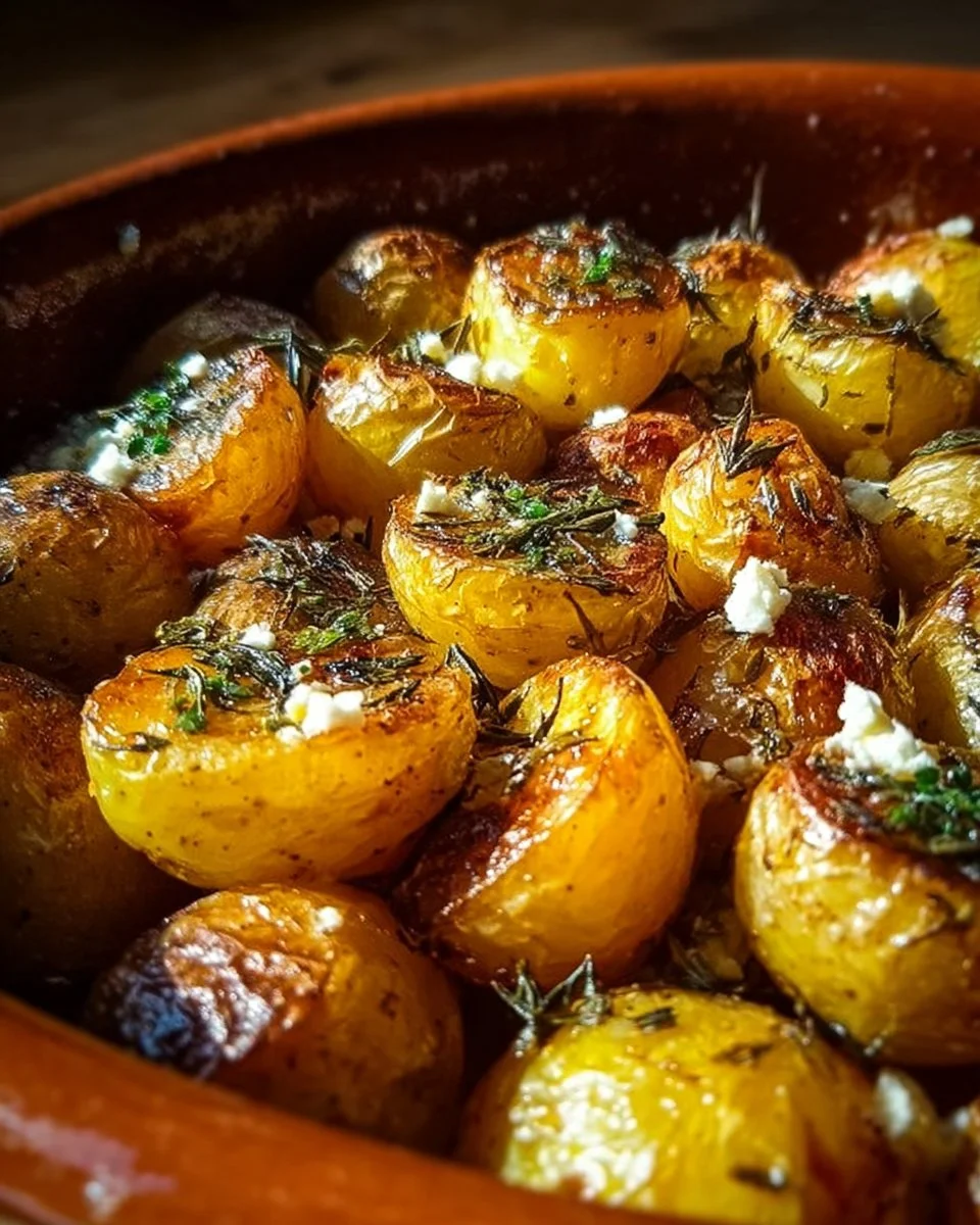Delicious Greek roast potatoes with lemon and feta served in a bowl