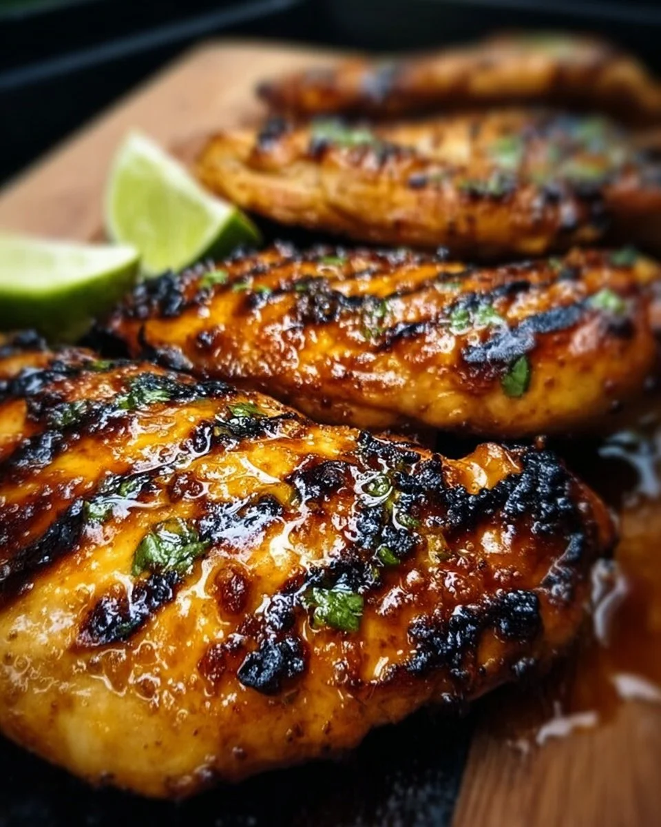 Grilled spicy honey lime chicken garnished with fresh herbs on a serving platter.