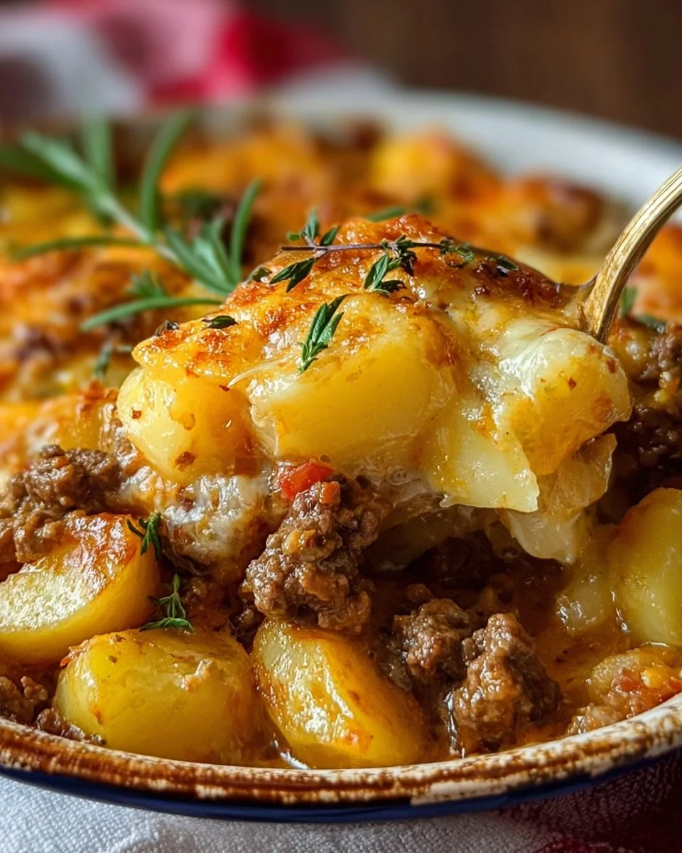 Delicious ground beef casserole topped with creamy potatoes served in a baking dish.