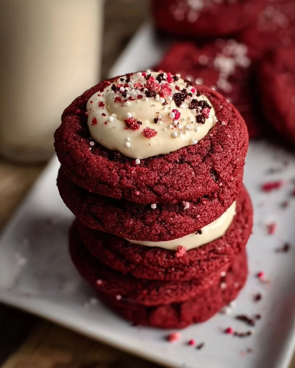 Delicious galletas de terciopelo rojo cookies on a baking tray.