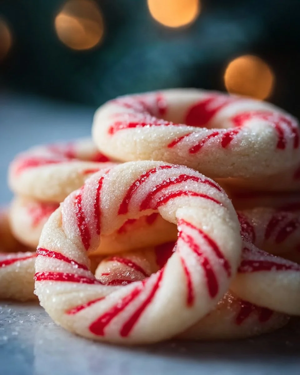 Plate of buttery candy cane cookies decorated for the holidays