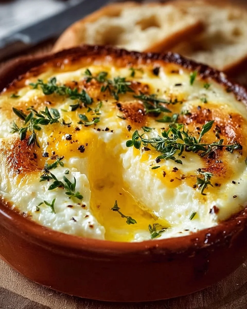 Baked cottage cheese eggs served in a rustic dish for a creamy breakfast delight.