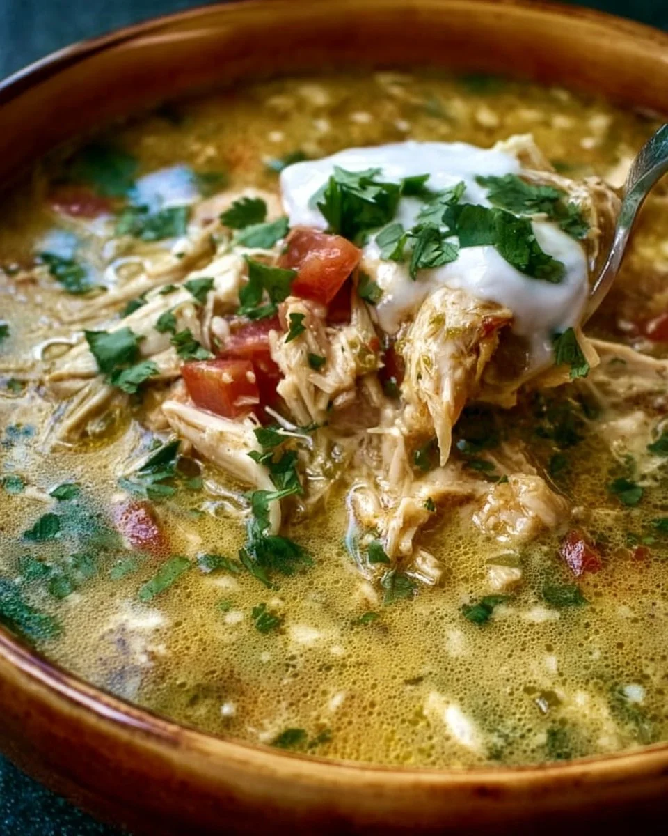 Creamy crock pot green enchilada chicken soup garnished with cilantro