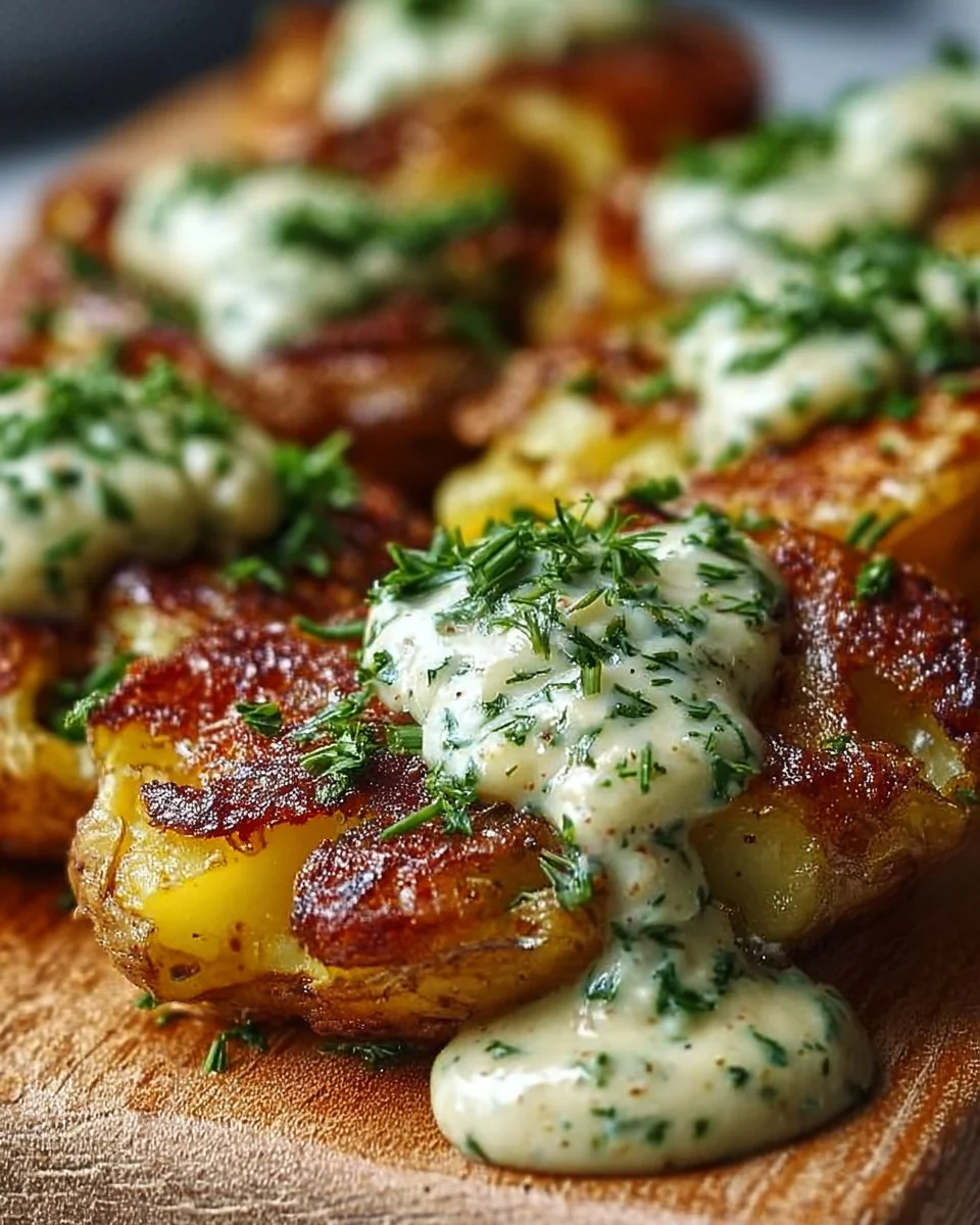 Creamy gourmet smashed potatoes topped with fresh herb sauce