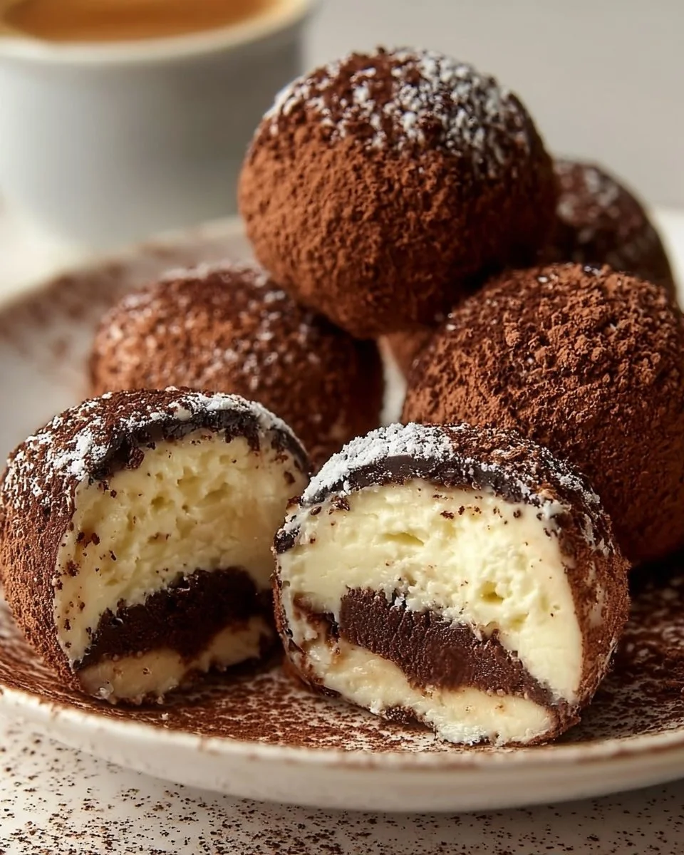 Irresistibly creamy tiramisu truffles on a plate, topped with cocoa powder