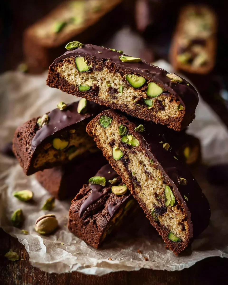 Homemade chocolate pistachio biscotti displayed on a rustic wooden table.