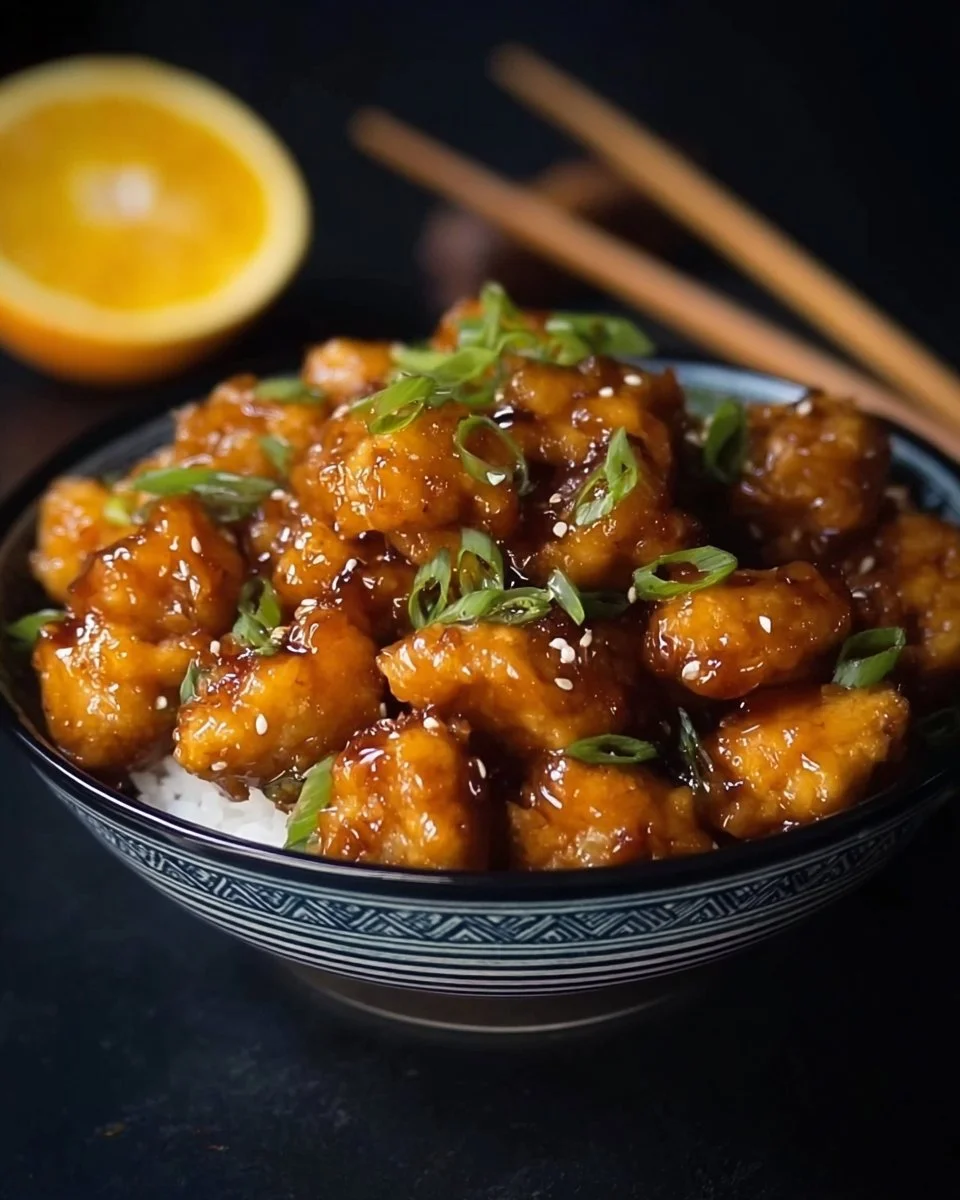 Plate of homemade Chinese orange chicken garnished with green onions