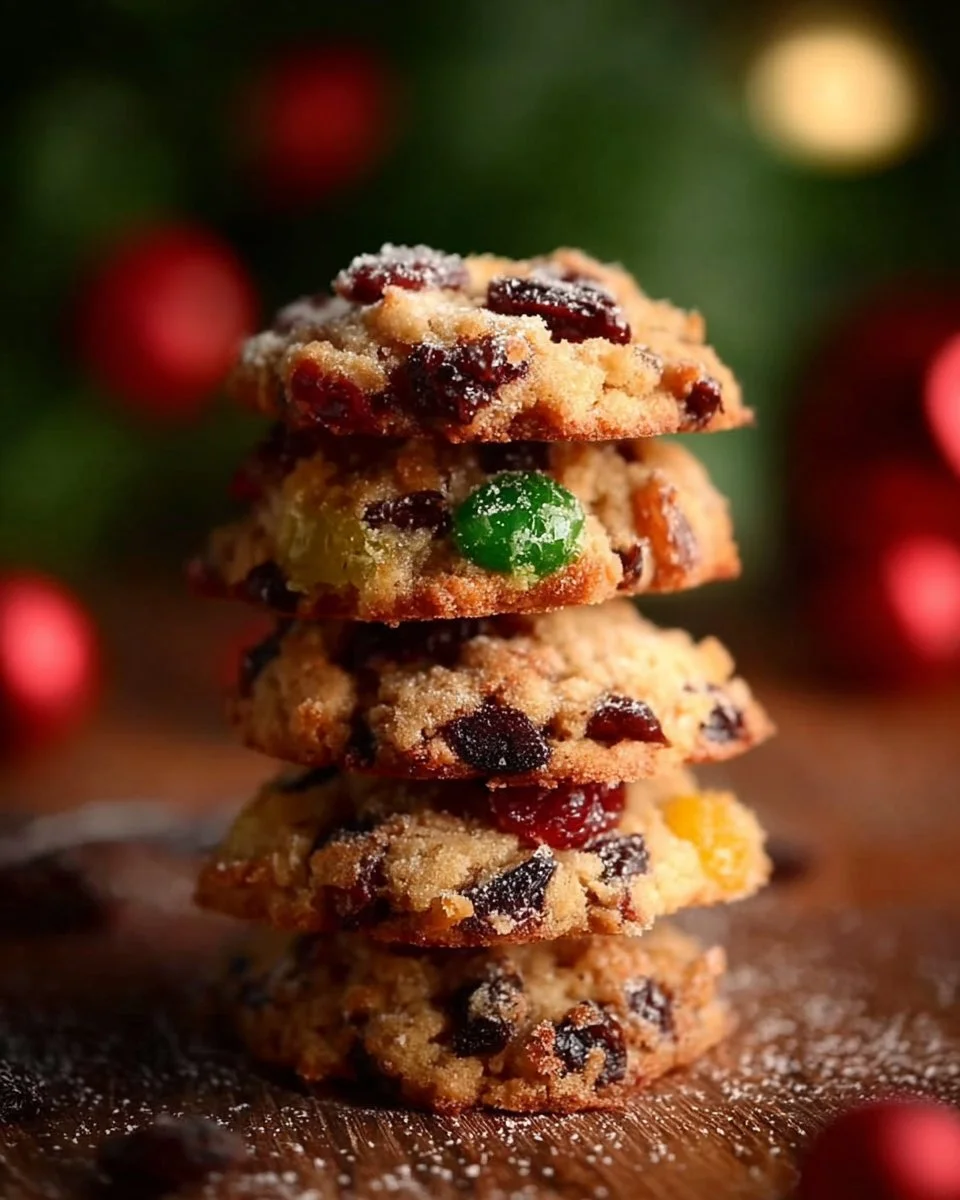 Deliciously decorated Christmas fruitcake cookies on a festive tray