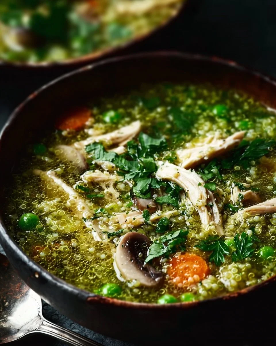 Bowl of flavorful green chicken quinoa soup with herbs and ingredients