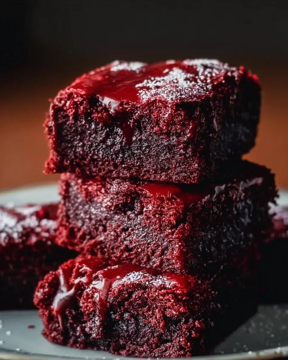 Fudgy red velvet brownies topped with cream cheese frosting on a plate.
