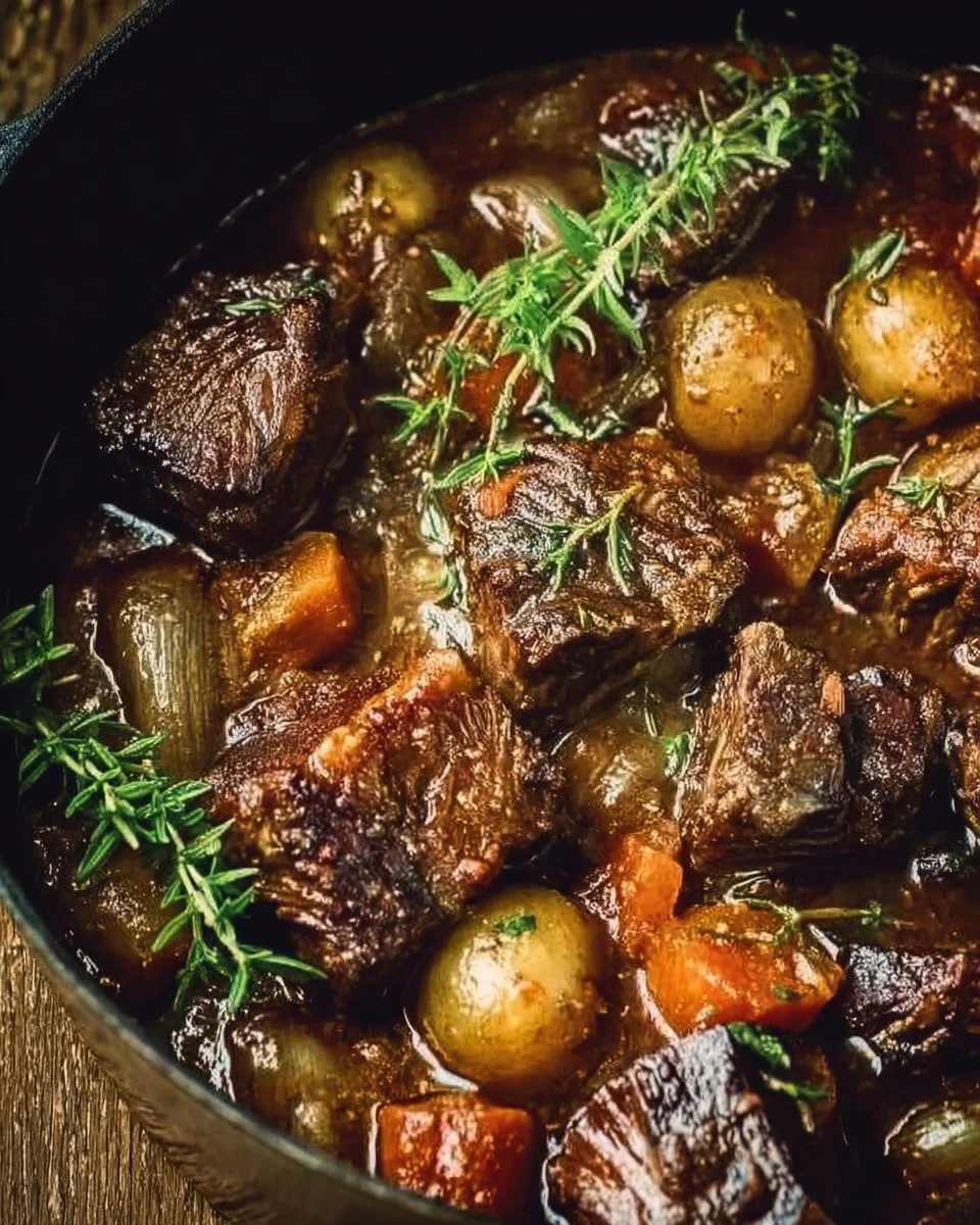 Belgian-style slow-cooked beef stew in a rustic bowl with fresh herbs