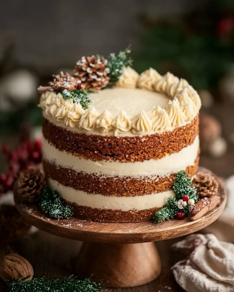 Delicious Christmas spice cake with eggnog buttercream frosting.