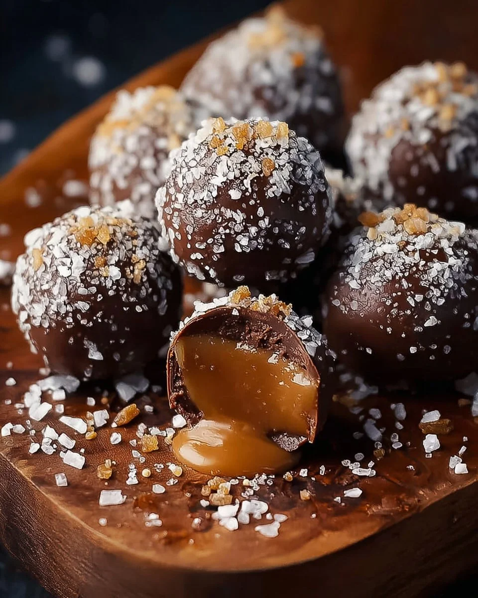 A delicious assortment of smooth salted caramel truffles on a decorative plate.