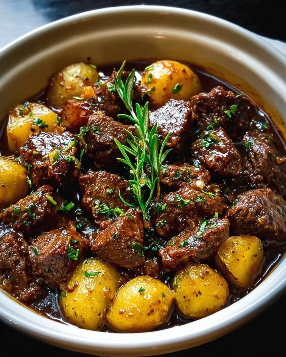 Slow cooker garlic butter beef bites with potatoes served in a bowl.