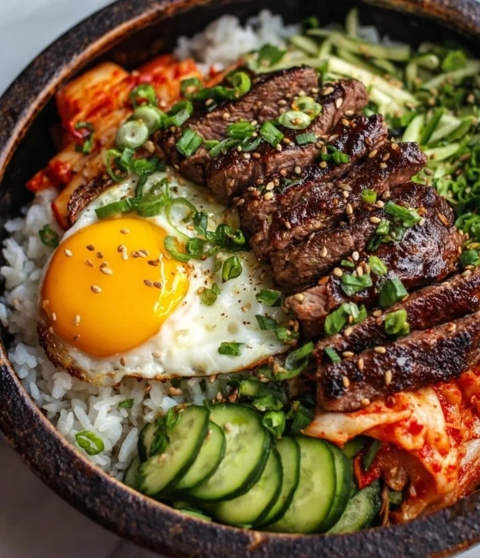 Korean BBQ steak rice bowl with marinated beef and fresh vegetables