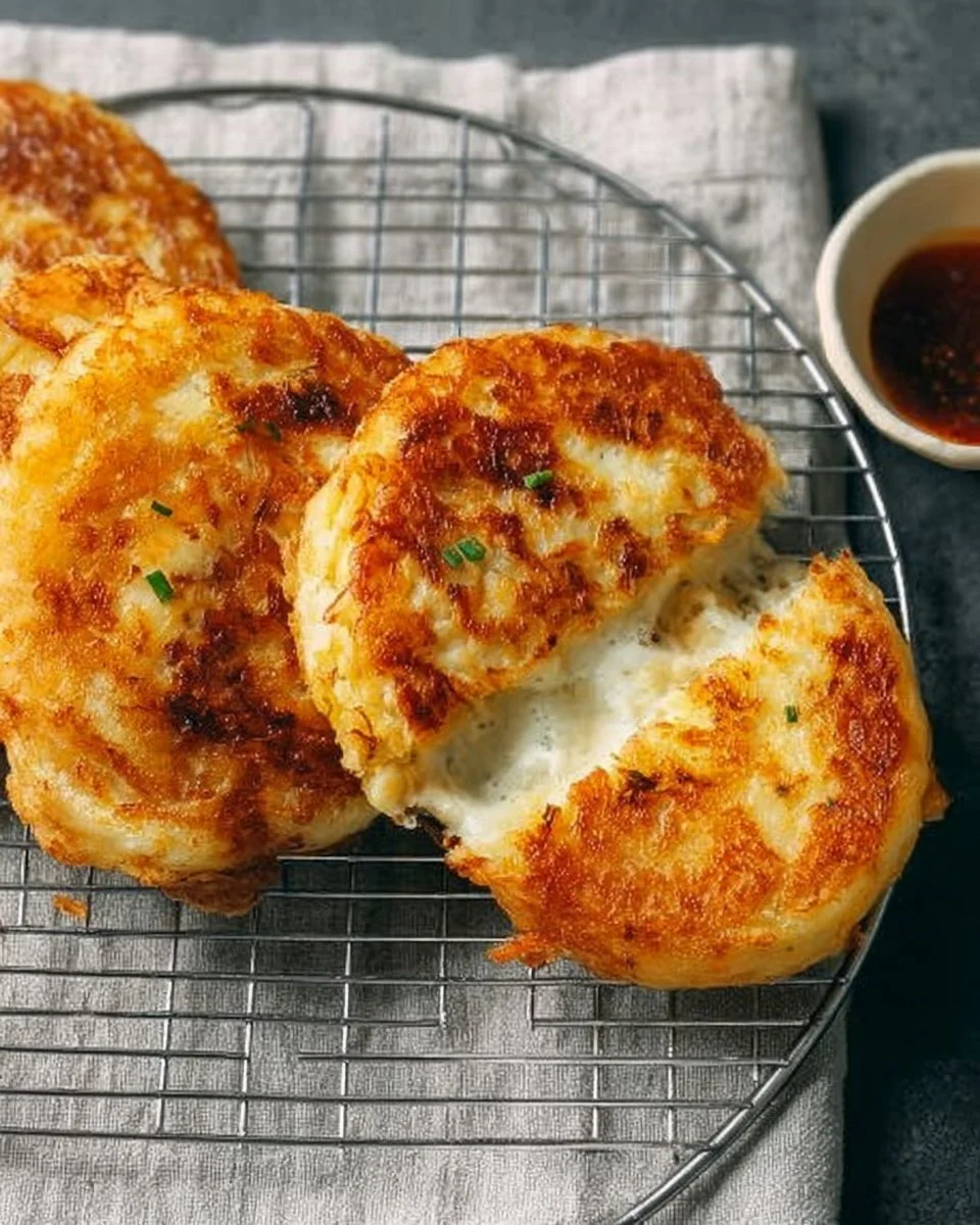 Korean Hotteok potato cheese pancakes on a plate with toppings