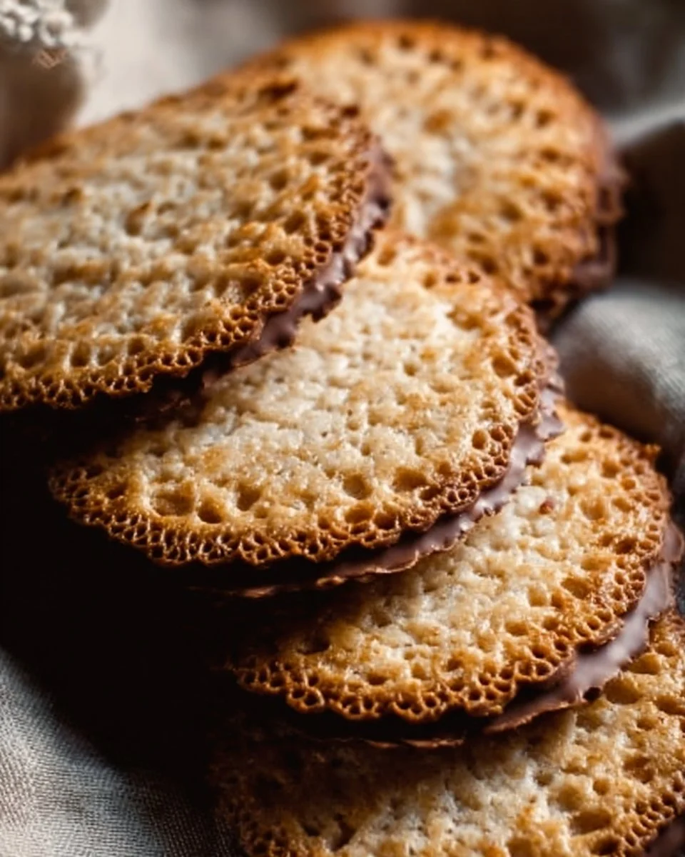 Freshly baked lace cookies arranged on a decorative plate.
