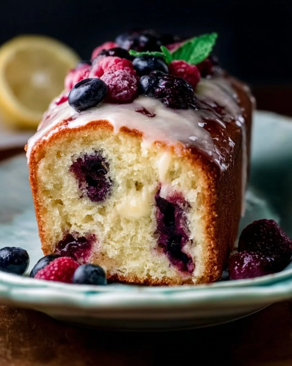 Lemon Berry Yogurt Cake topped with fresh berries and lemon zest
