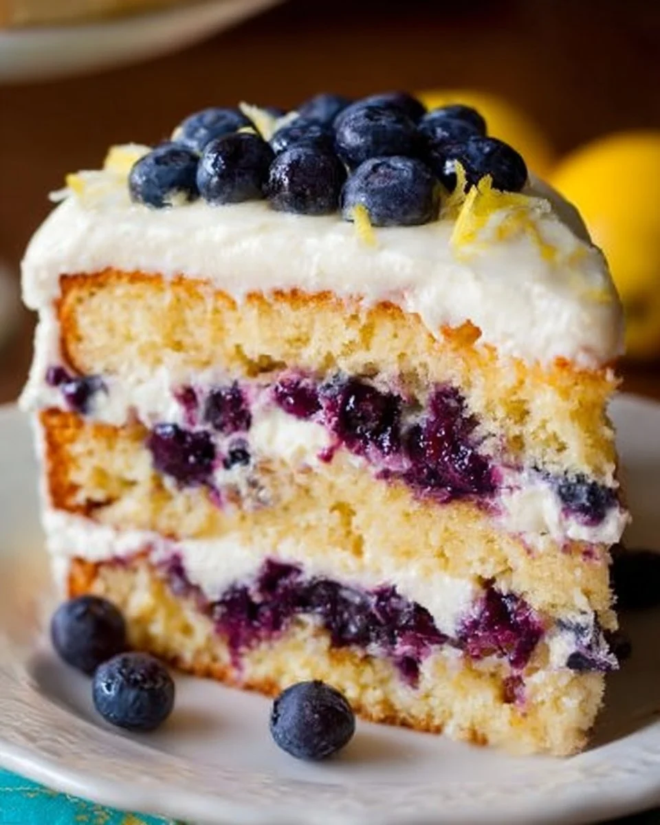 Lemon blueberry layer cake with fresh blueberries and lemon zest.