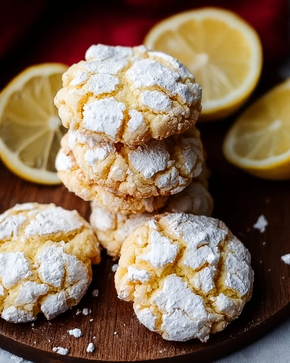 Freshly baked Lemon Crinkle Cookies dusted with powdered sugar