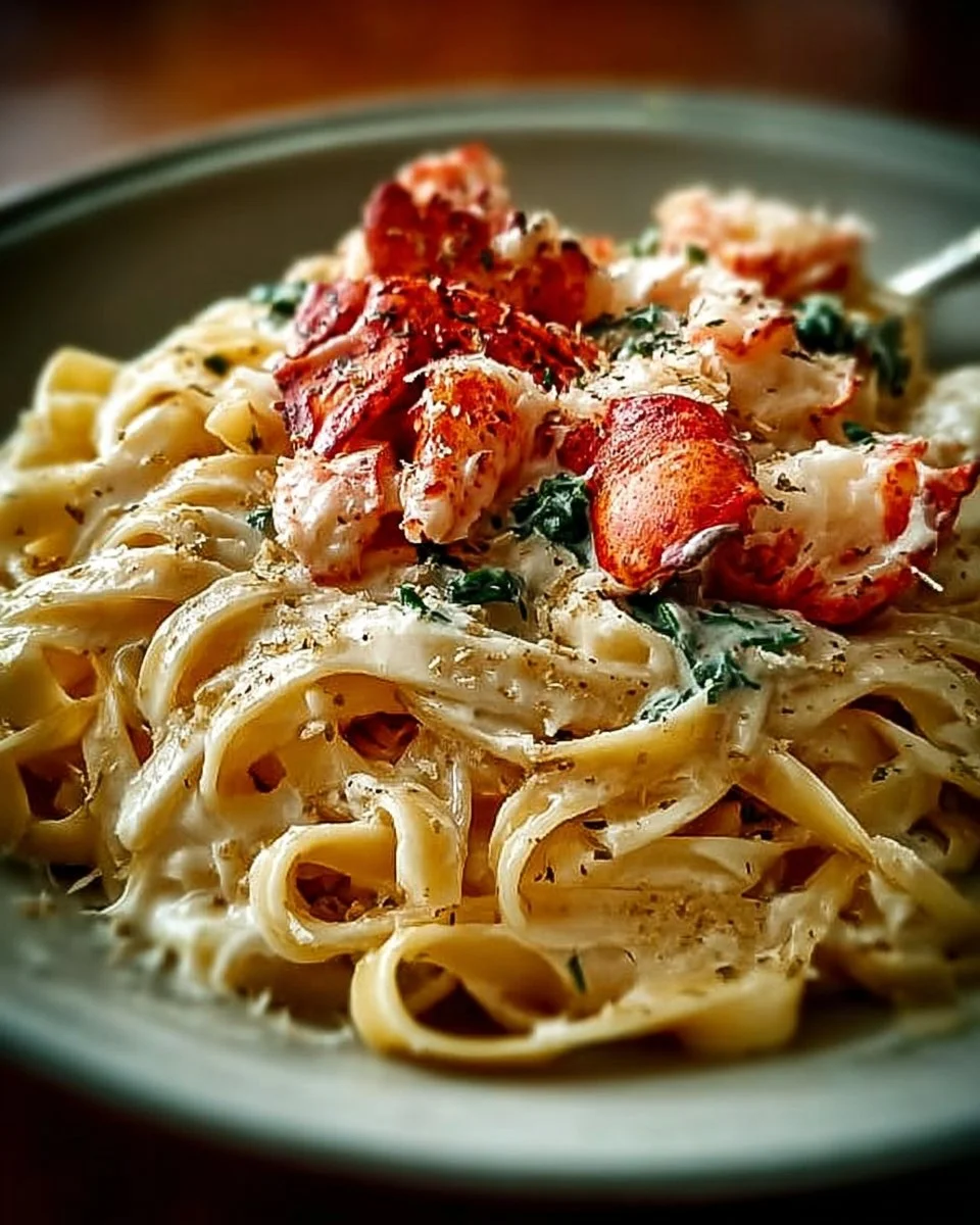 A delicious plate of Lobster Alfredo Pasta topped with fresh herbs and Parmesan cheese.