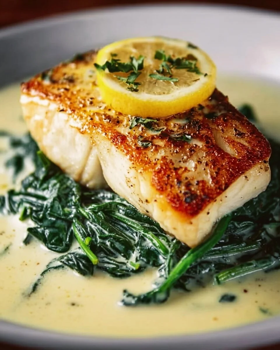 Lemon-garlic sea bass with creamed spinach on a white plate