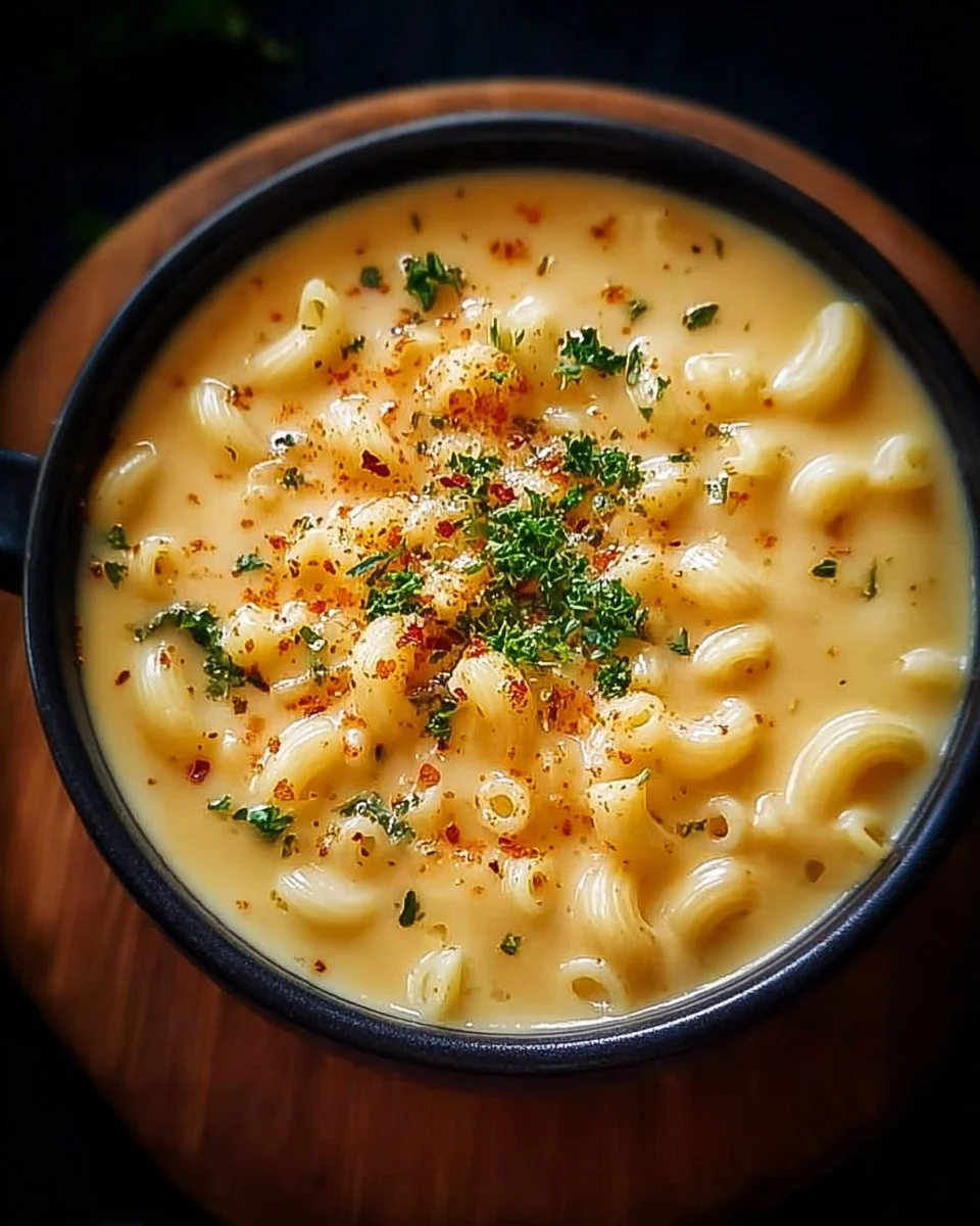 Bowl of delicious Mac and Cheese Soup with melted cheese and pasta.
