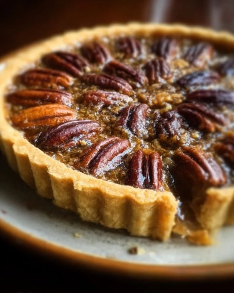 Delicious Maple Pecan Tart topped with nuts and caramel glaze