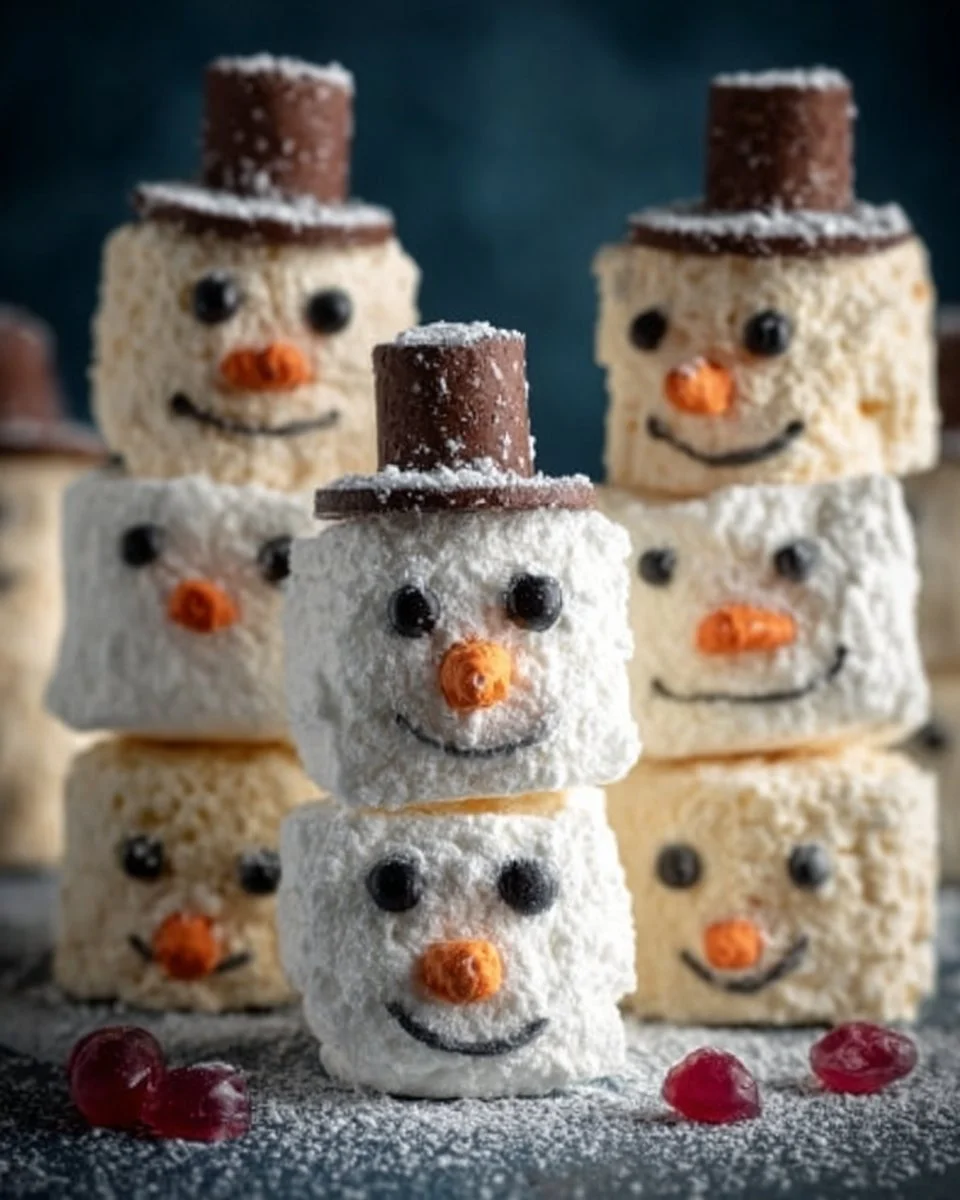 Marshmallow snowman stacker treats arranged for a festive display