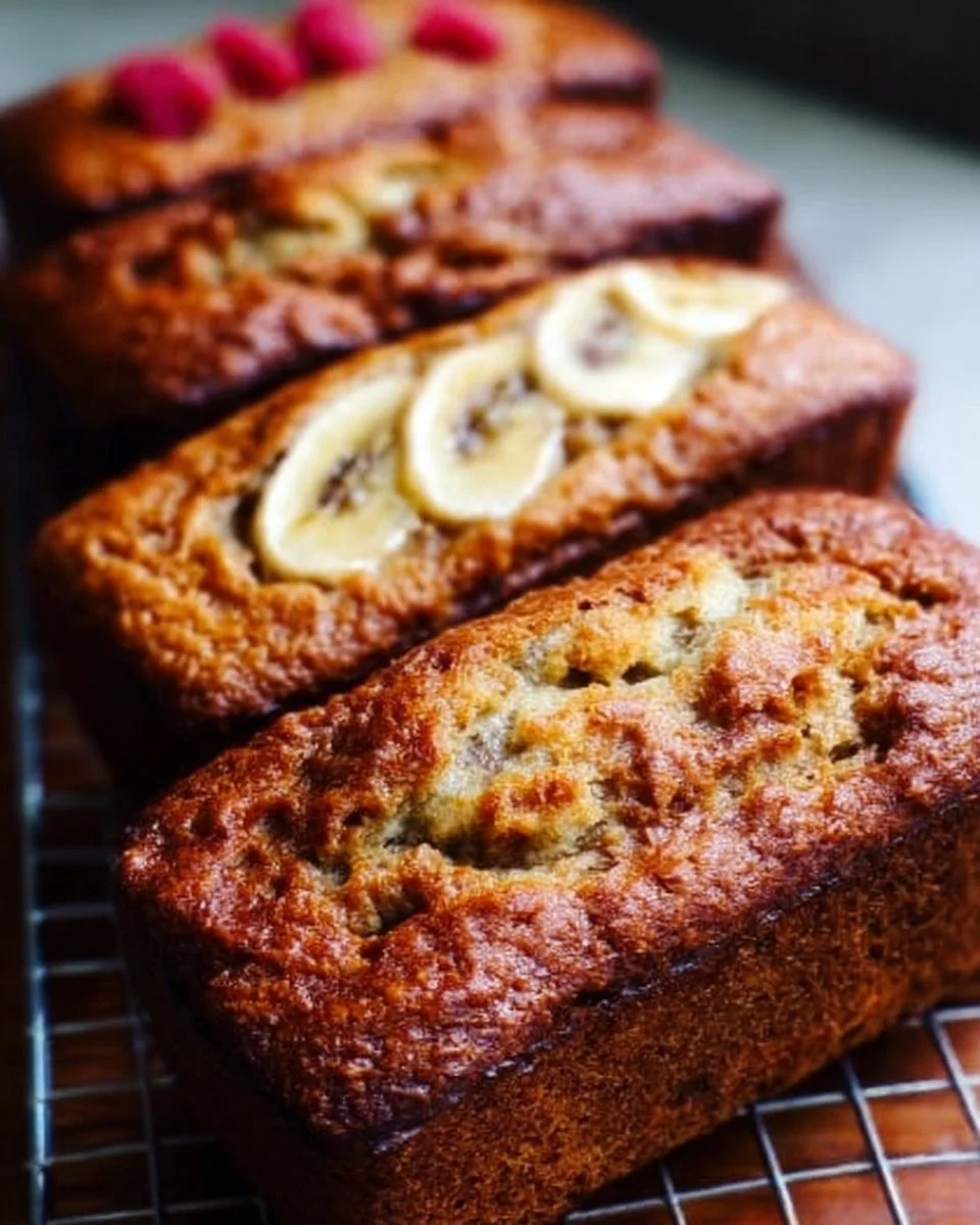 Mini banana bread variety loaves arranged on a wooden cutting board