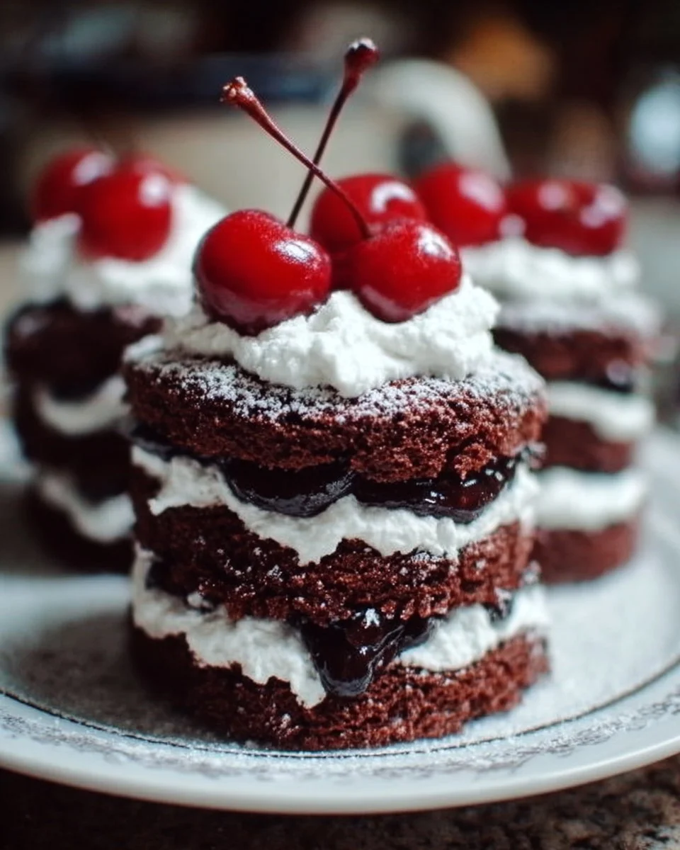 Mini Black Forest Layer Cakes with chocolate layers and cherries