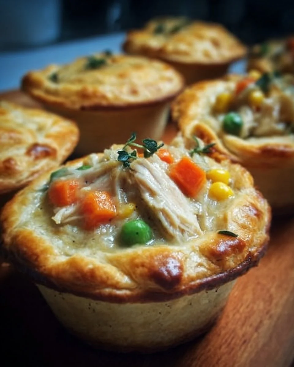Delicious muffin tin chicken pot pie fresh out of the oven, served with vegetables.
