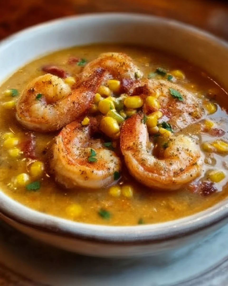 A bowl of New Orleans shrimp and corn bisque garnished with fresh herbs.
