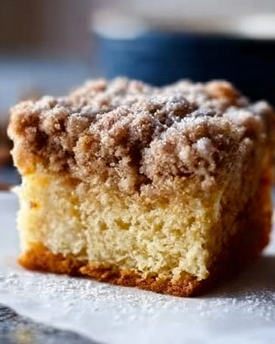 New York Style Crumb Cake with crumbly topping on a plate