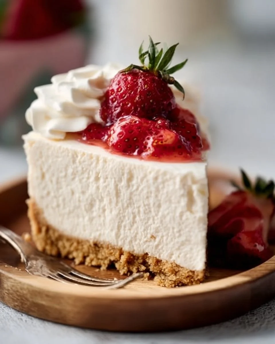 Delicious no bake cheesecake topped with fresh berries on a white plate