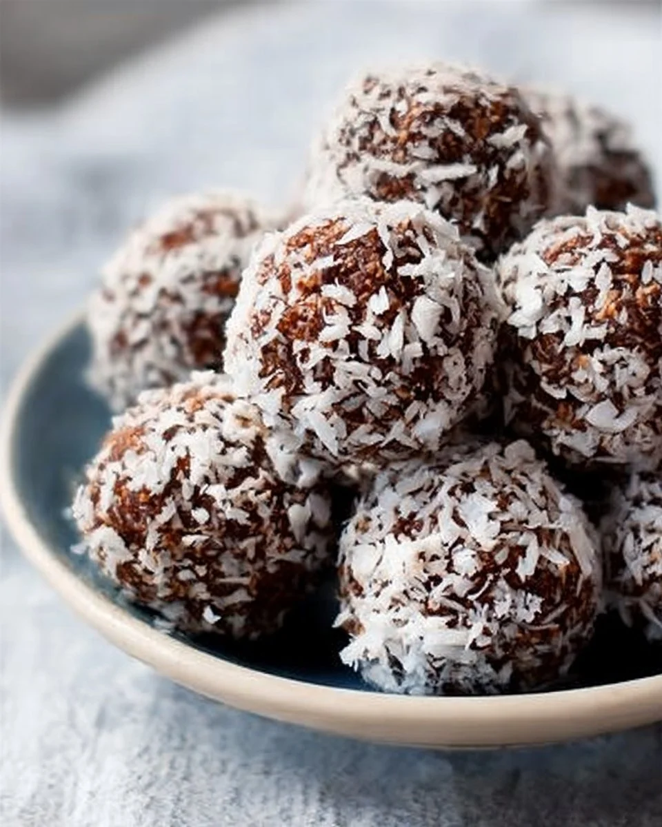 No-Bake Chocolate Coconut Snowballs stacked on a plate