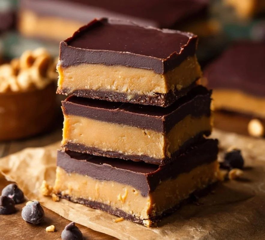 No bake chocolate peanut butter bars stacked on a plate