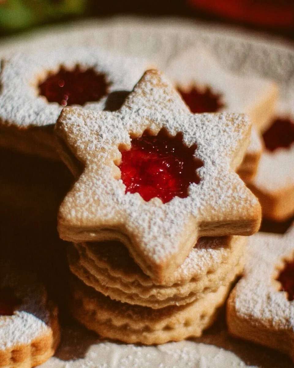No-Chill Linzer Cookies on a plate decorated with powdered sugar