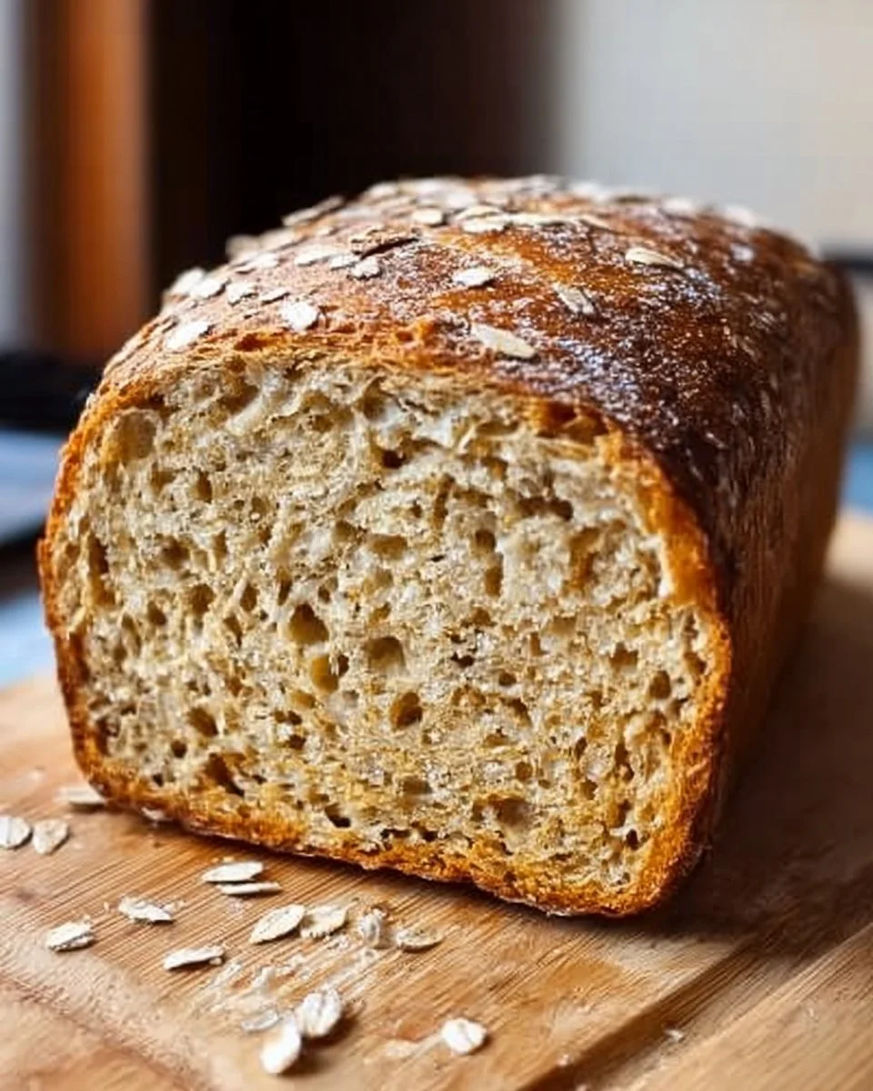 Freshly baked no-knead honey oat bread loaf on a wooden cutting board