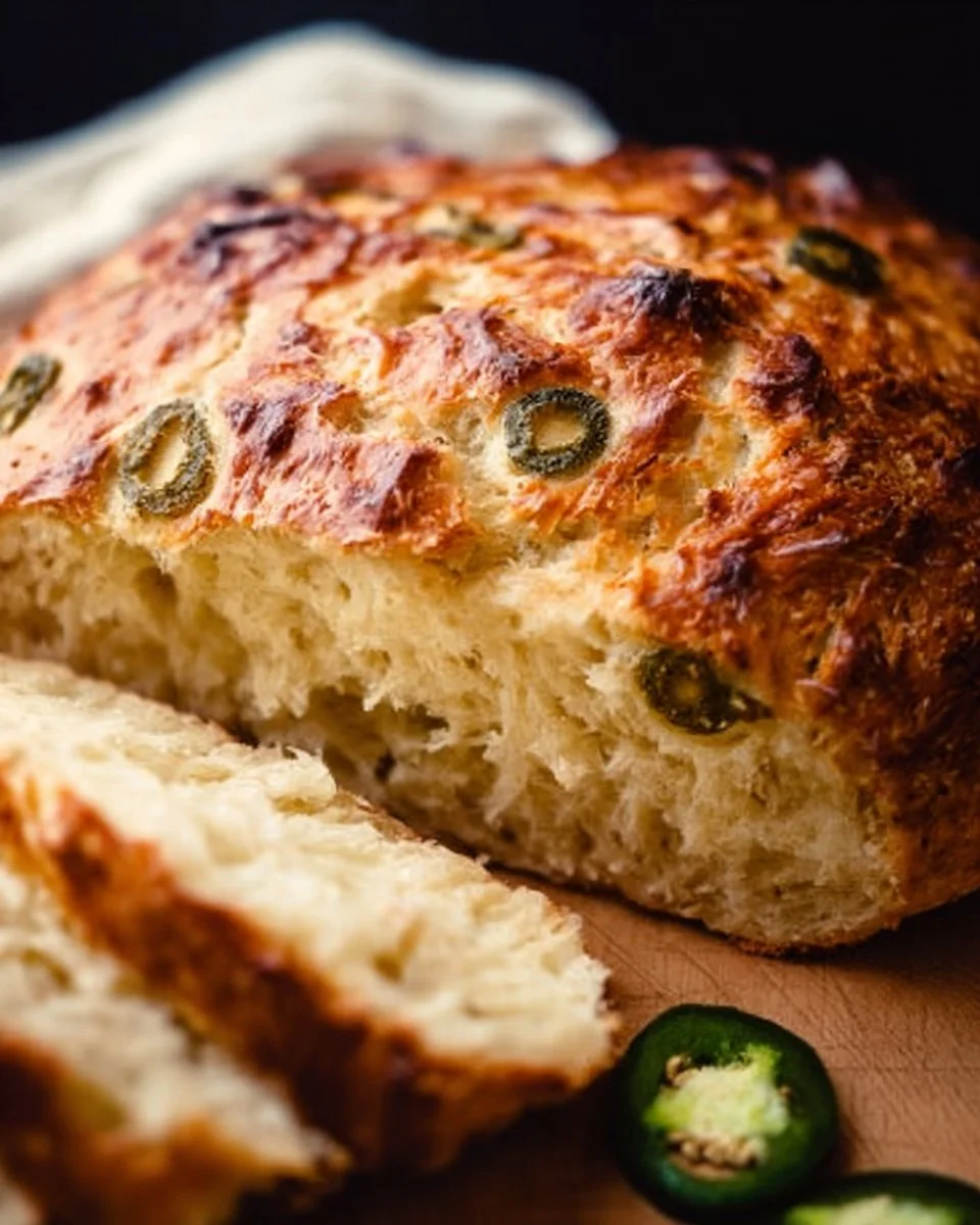 Loaf of no-knead jalapeño cheddar bread with green peppers and cheese